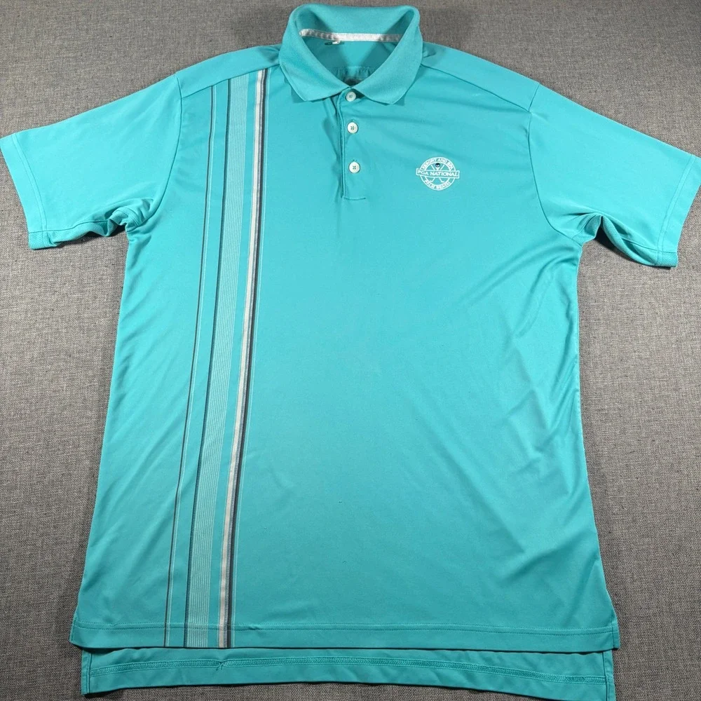 Adidas Polo Shirt Mens Medium Teal PGA‎ National Resort ClimaCool Striped Golf